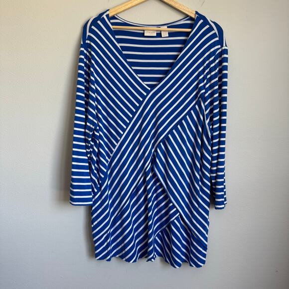Chico's Tunic Top Size 3 XL US Size 16 Royal Blue White Striped V-Neck - Picture 1 of 15